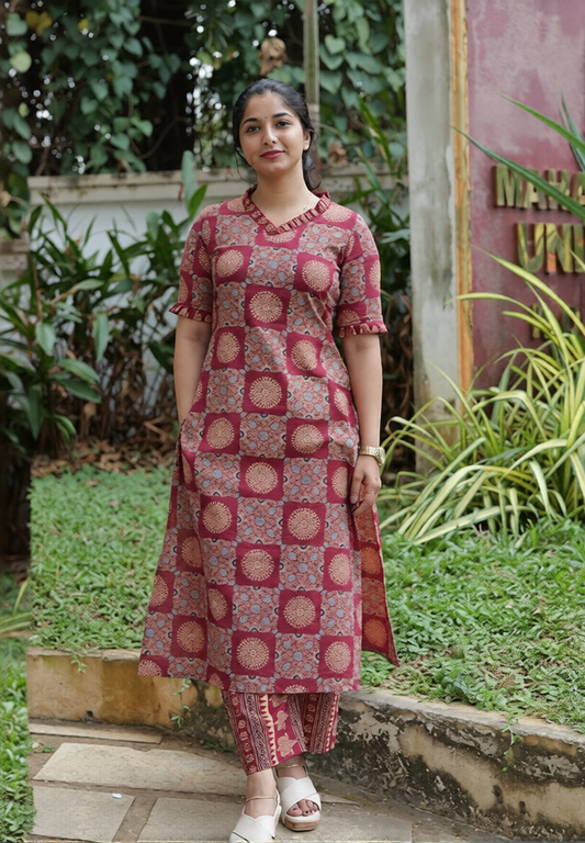 Women's Maroon Printed Tesla Slub Cotton Blend Kurta Pant Co-Ord Set | Ethnic Casual Wear