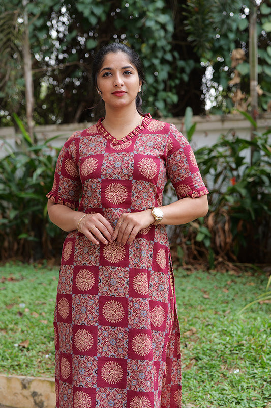 Women's Maroon Printed Tesla Slub Cotton Blend Kurta Pant Co-Ord Set | Ethnic Casual Wear
