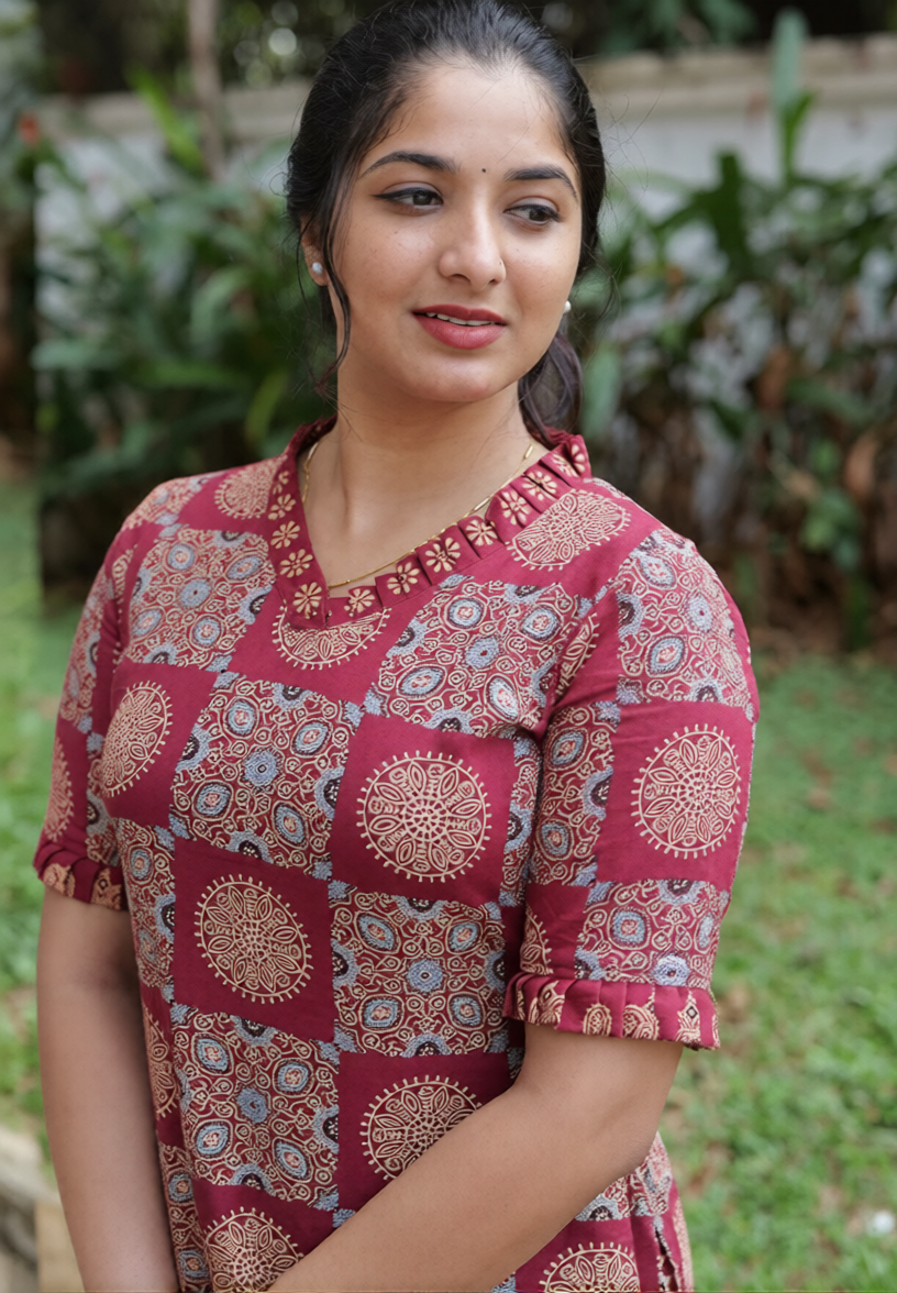 Women's Maroon Printed Tesla Slub Cotton Blend Kurta Pant Co-Ord Set | Ethnic Casual Wear