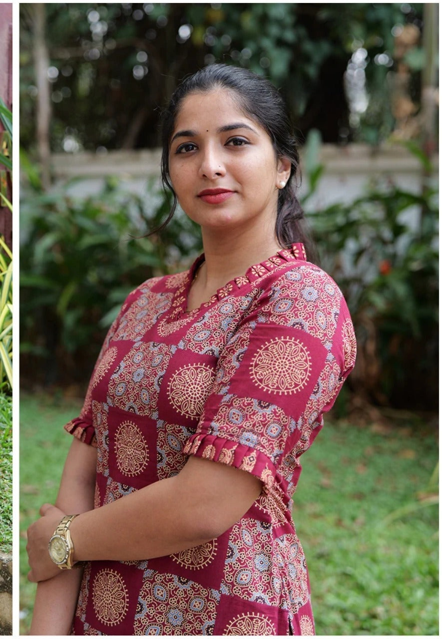 Women's Maroon Printed Tesla Slub Cotton Blend Kurta Pant Co-Ord Set | Ethnic Casual Wear