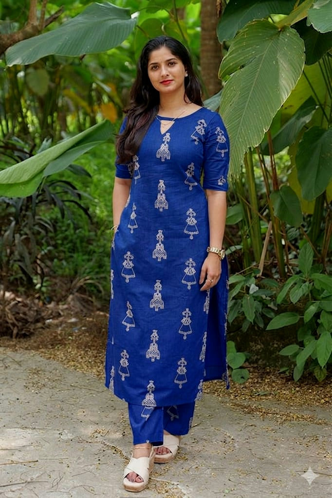 Women's Blue Tribal Print Tesla Slub Cotton Blend Co-Ord Set