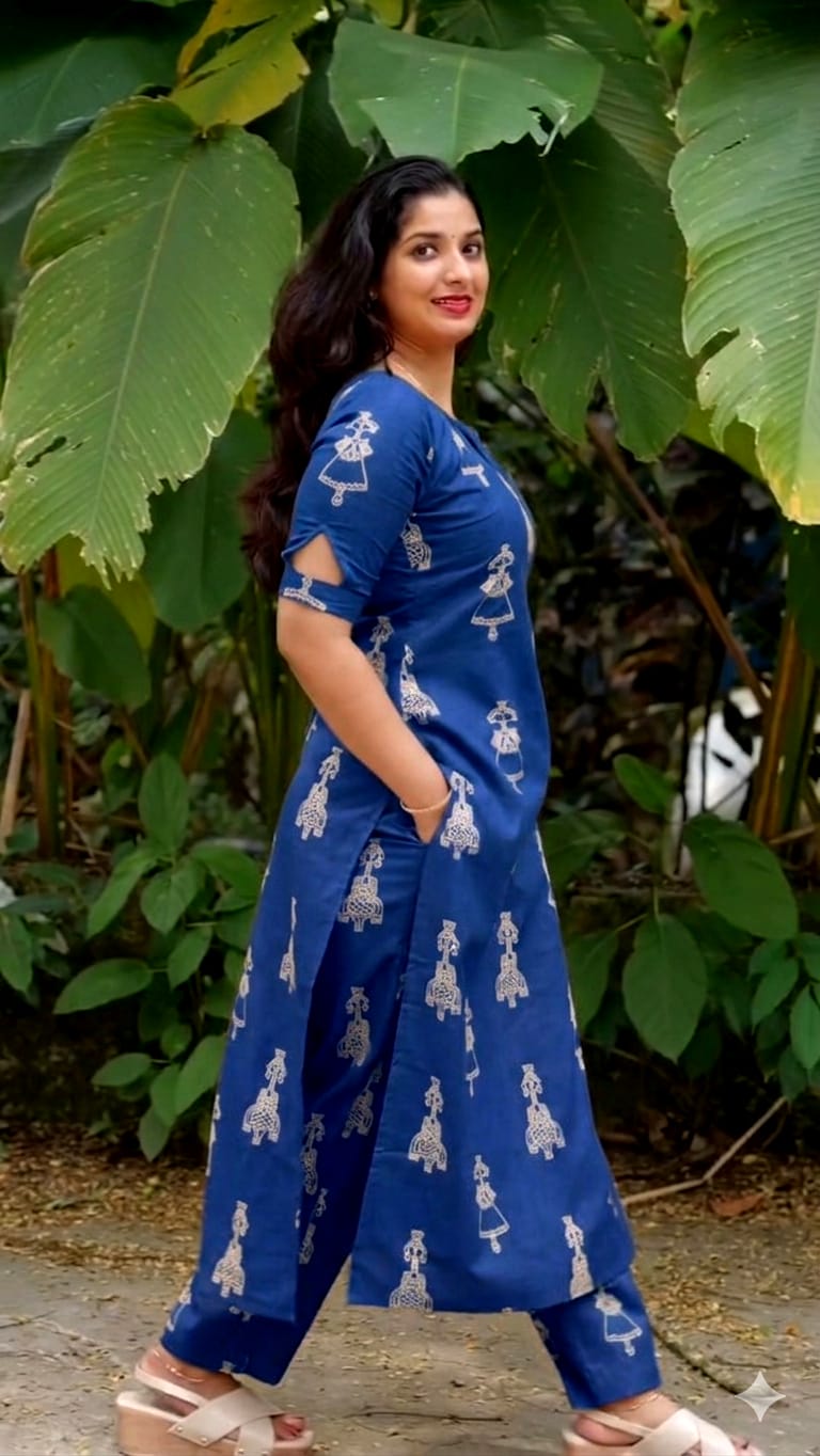 Women's Blue Tribal Print Tesla Slub Cotton Blend Co-Ord Set