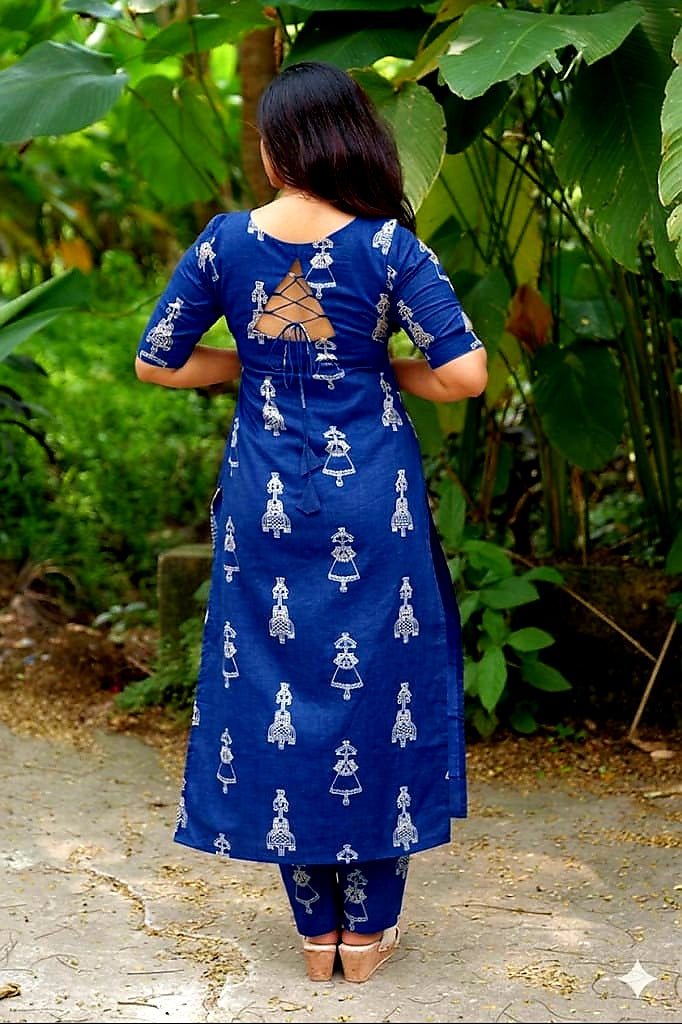 Women's Blue Tribal Print Tesla Slub Cotton Blend Co-Ord Set